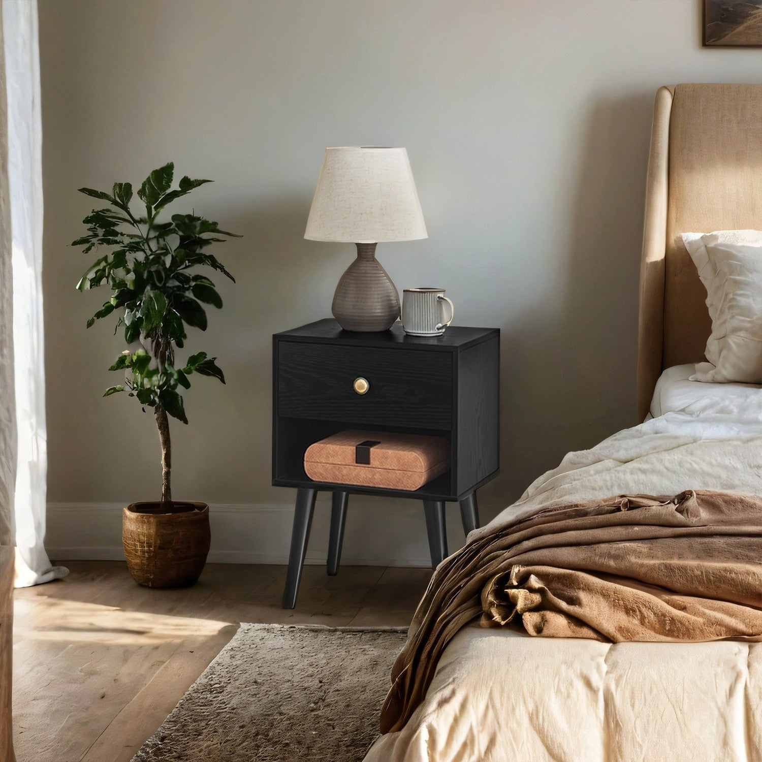Bedside table, side table with drawer and open shelf, wooden legs