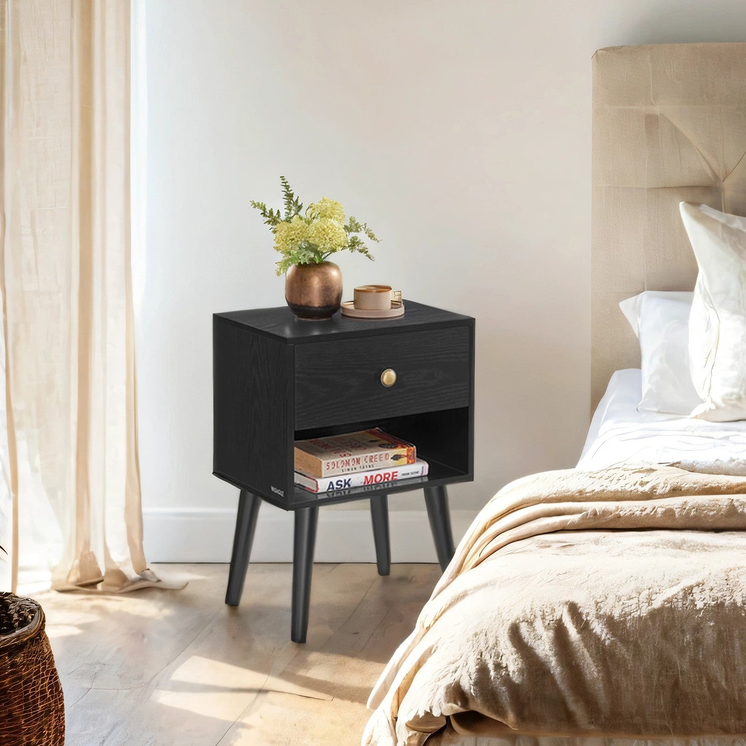Bedside table, side table with drawer and open shelf, wooden legs