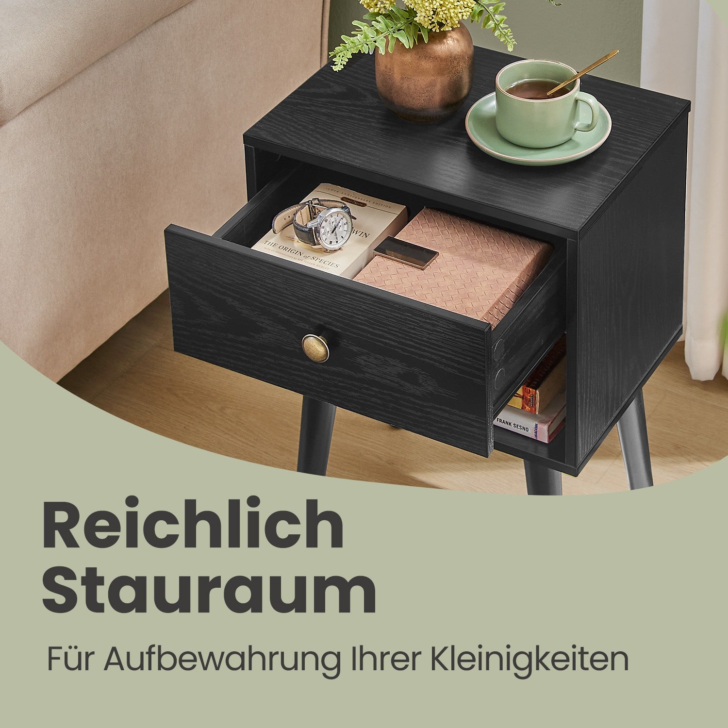 Bedside table, side table with drawer and open shelf, wooden legs
