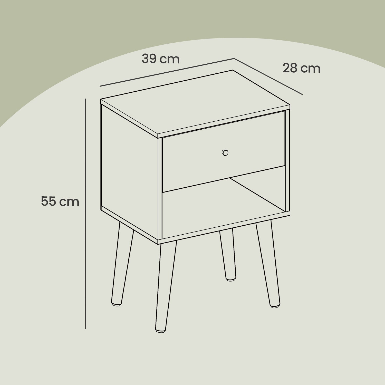 Bedside table, side table with drawer and open shelf, wooden legs