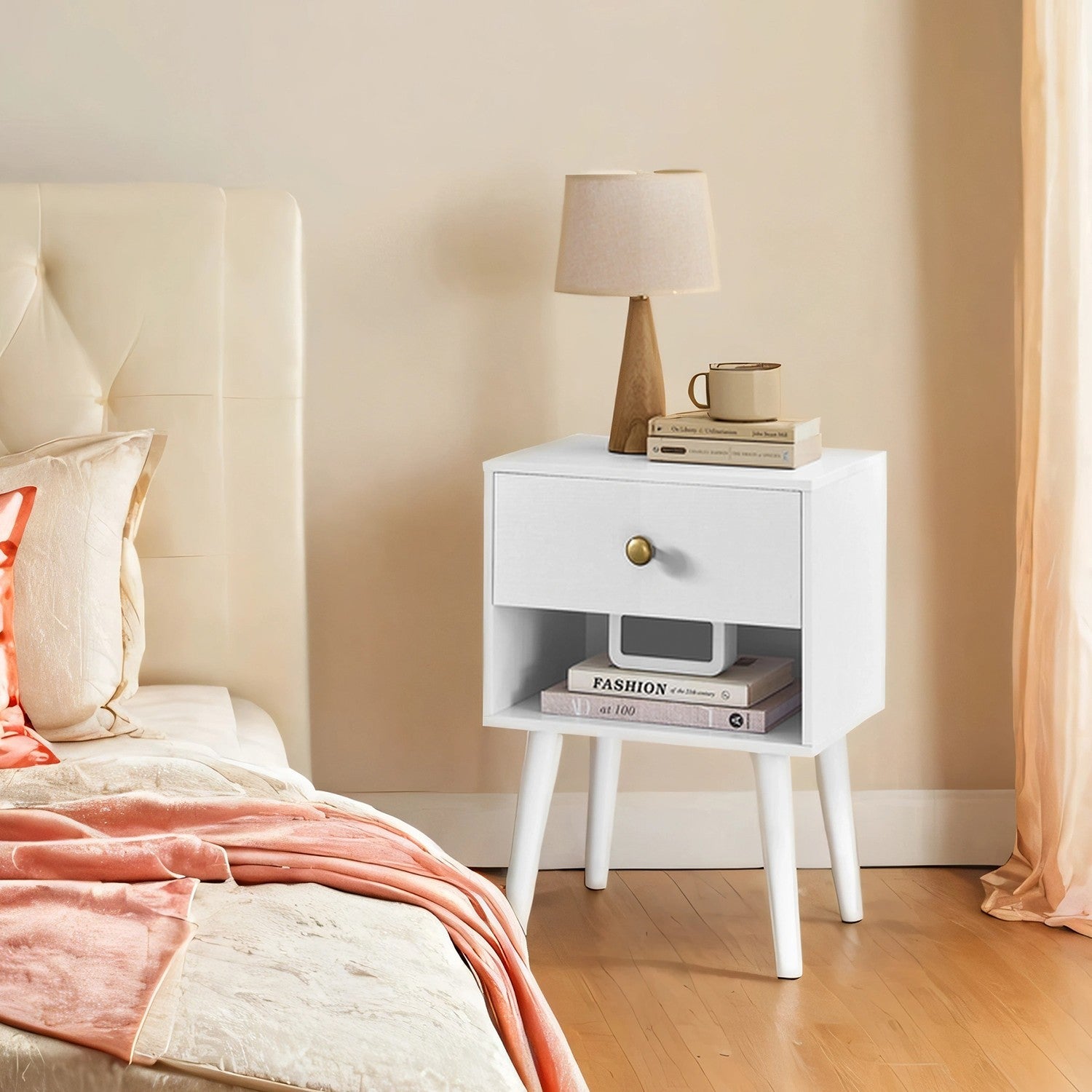 Bedside table, side table with drawer and open shelf, wooden legs