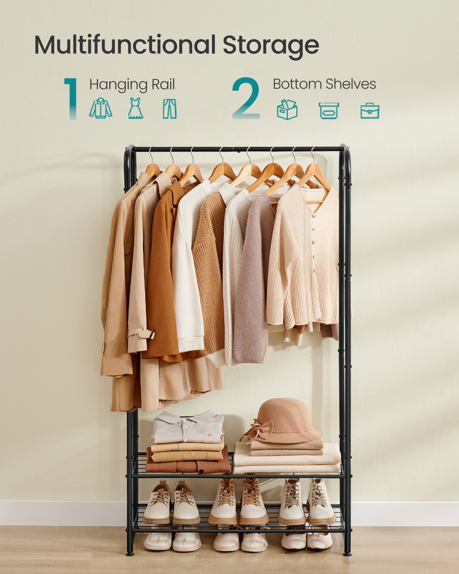 Clothing rack with shelves - 29 x 73 x 158.4 cm - matt black - compact