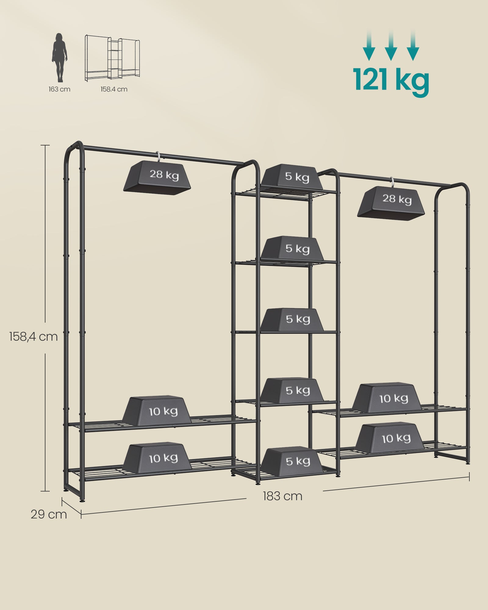 Clothing rack - with shelves - 29 × 183 × 158.4 cm - matt black