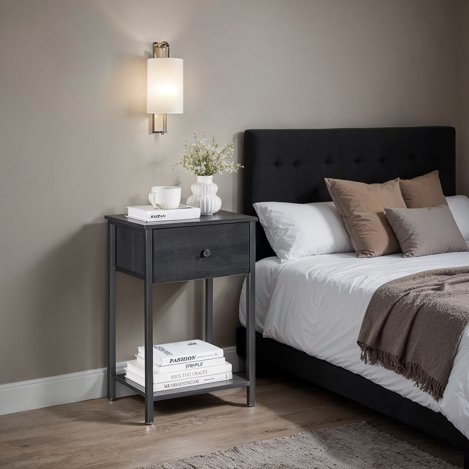 Side table, bedside table, with shelf and fabric drawer