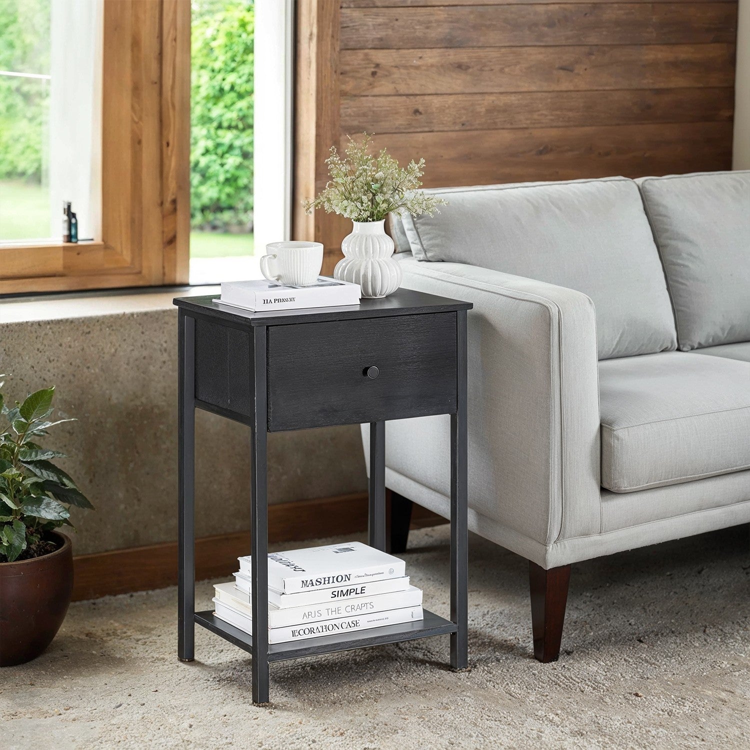 Side table, bedside table, with shelf and fabric drawer