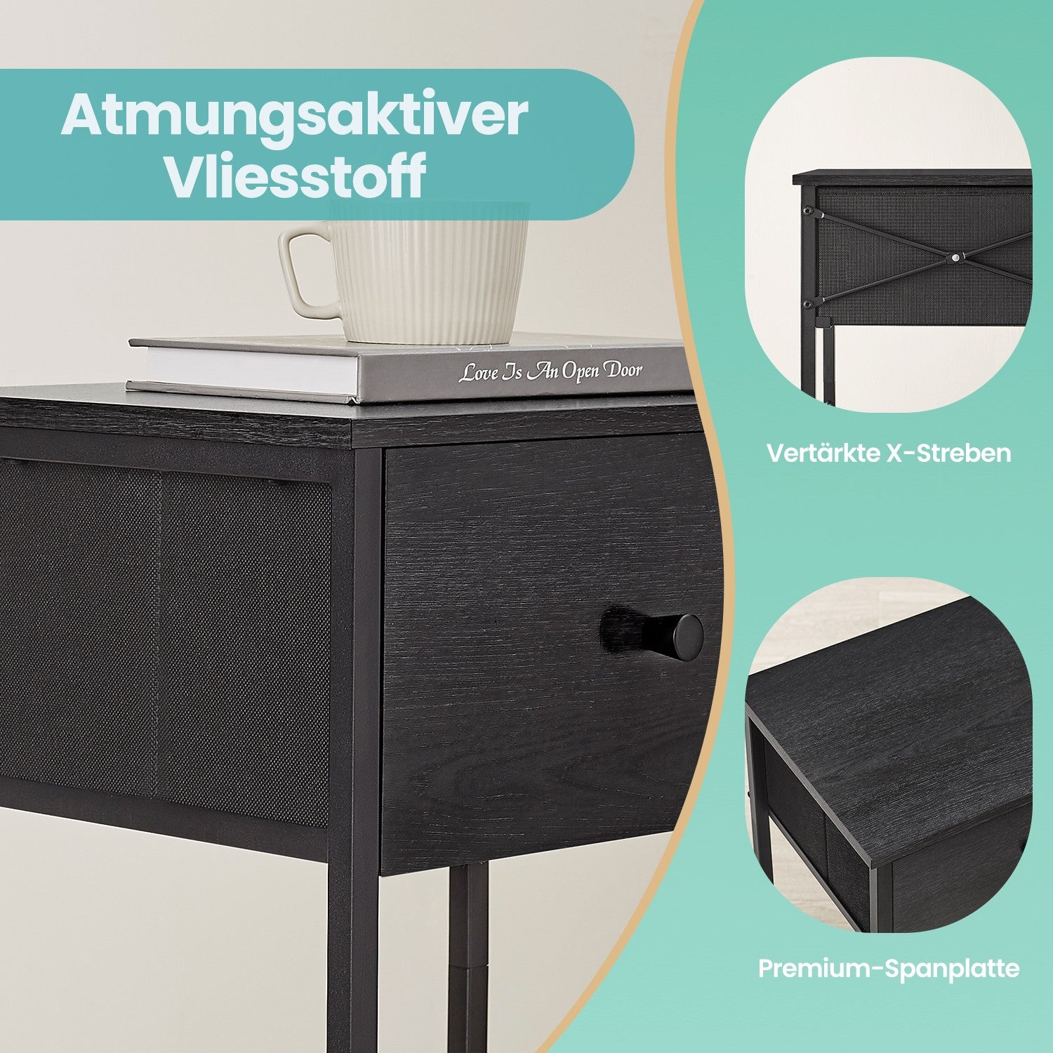 Side table, bedside table, with shelf and fabric drawer