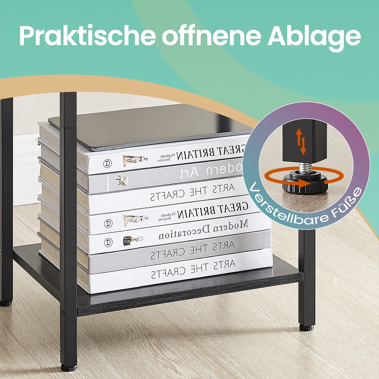 Side table, bedside table, with shelf and fabric drawer