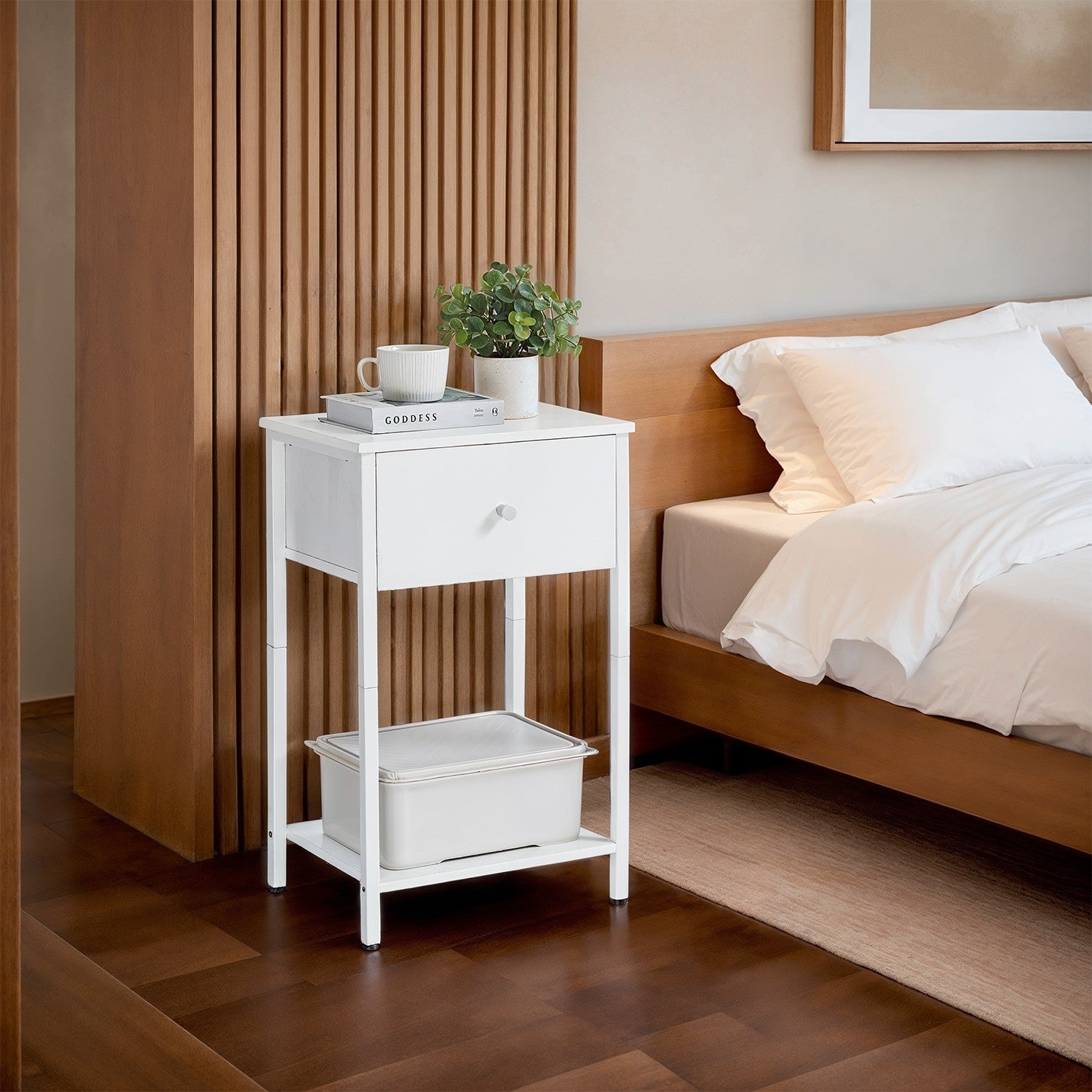 Side table, bedside table, with shelf and fabric drawer