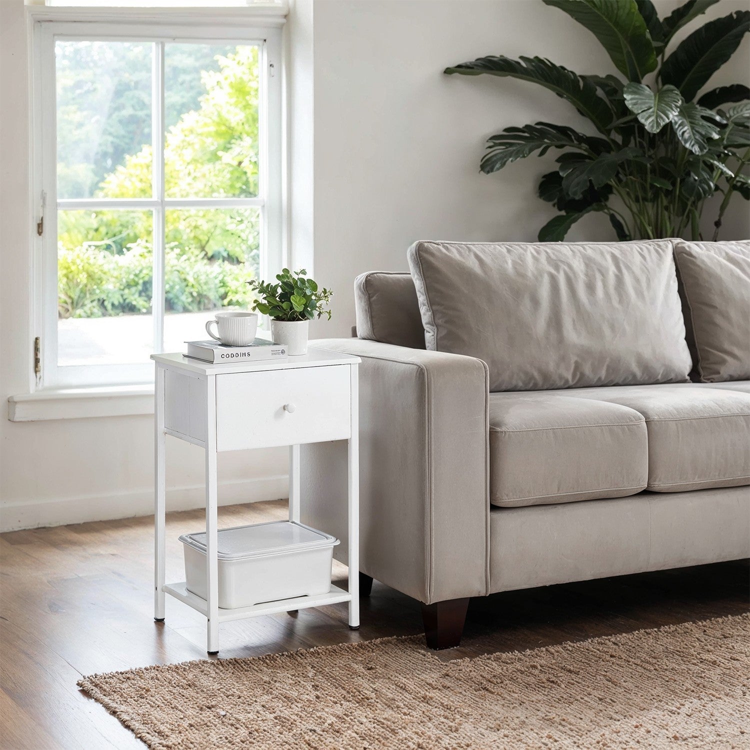 Side table, bedside table, with shelf and fabric drawer