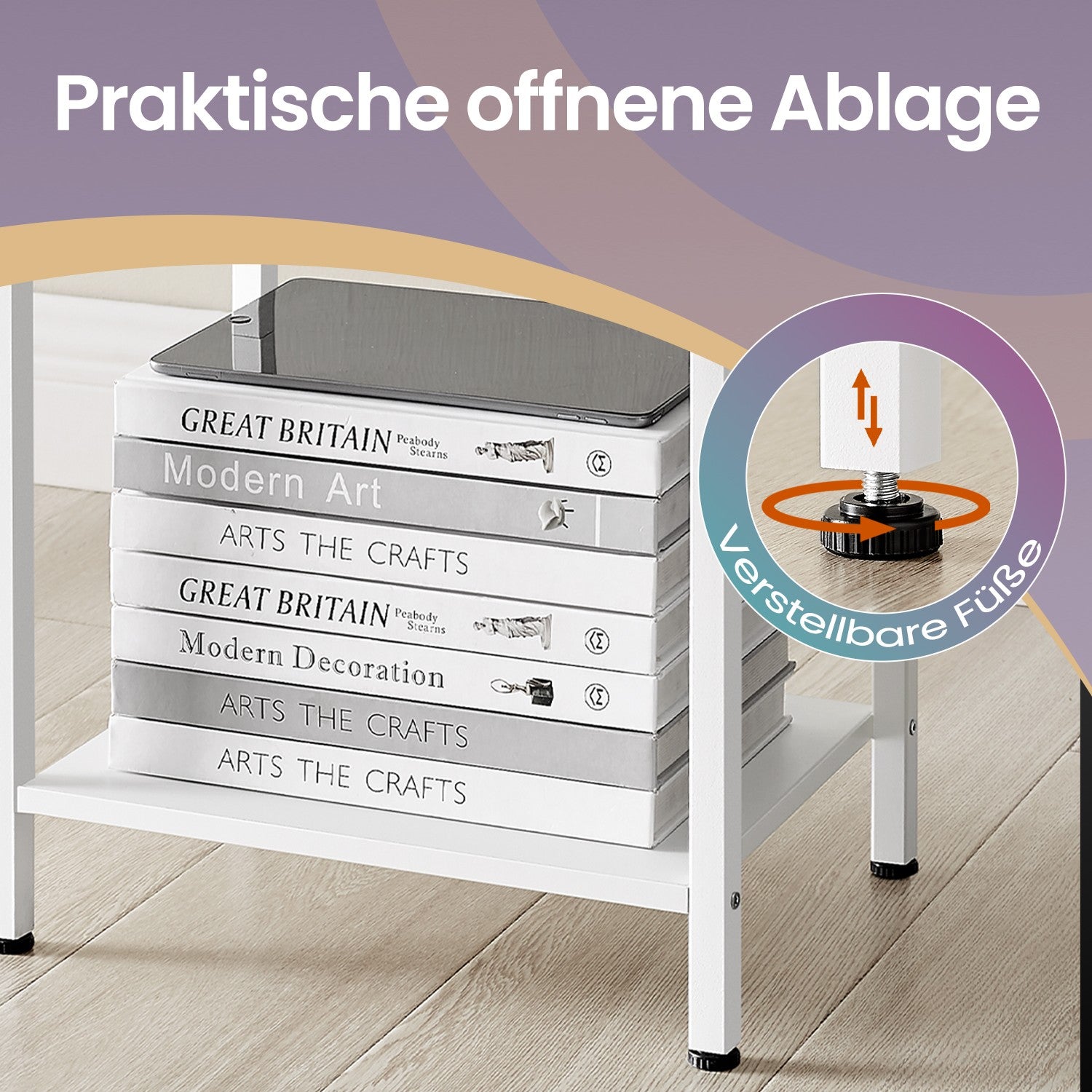 Side table, bedside table, with shelf and fabric drawer