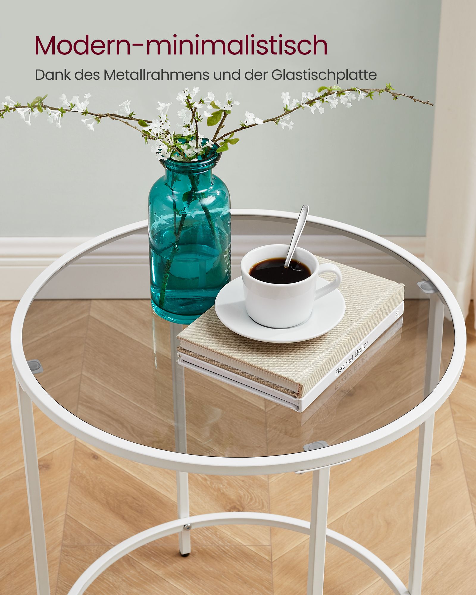Side table-Round-Tempered Glass-Pearl White-Leigrijs Metal Frame