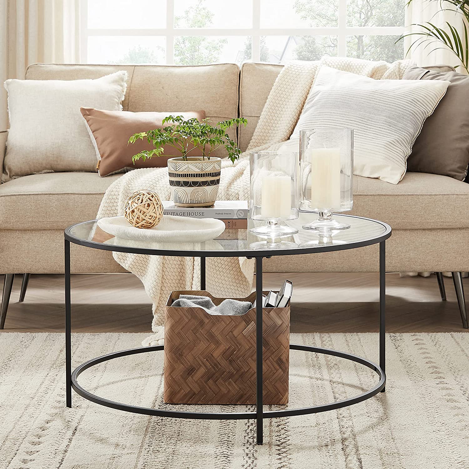 Coffee table - Round coffee table - Side table with glass top - Black