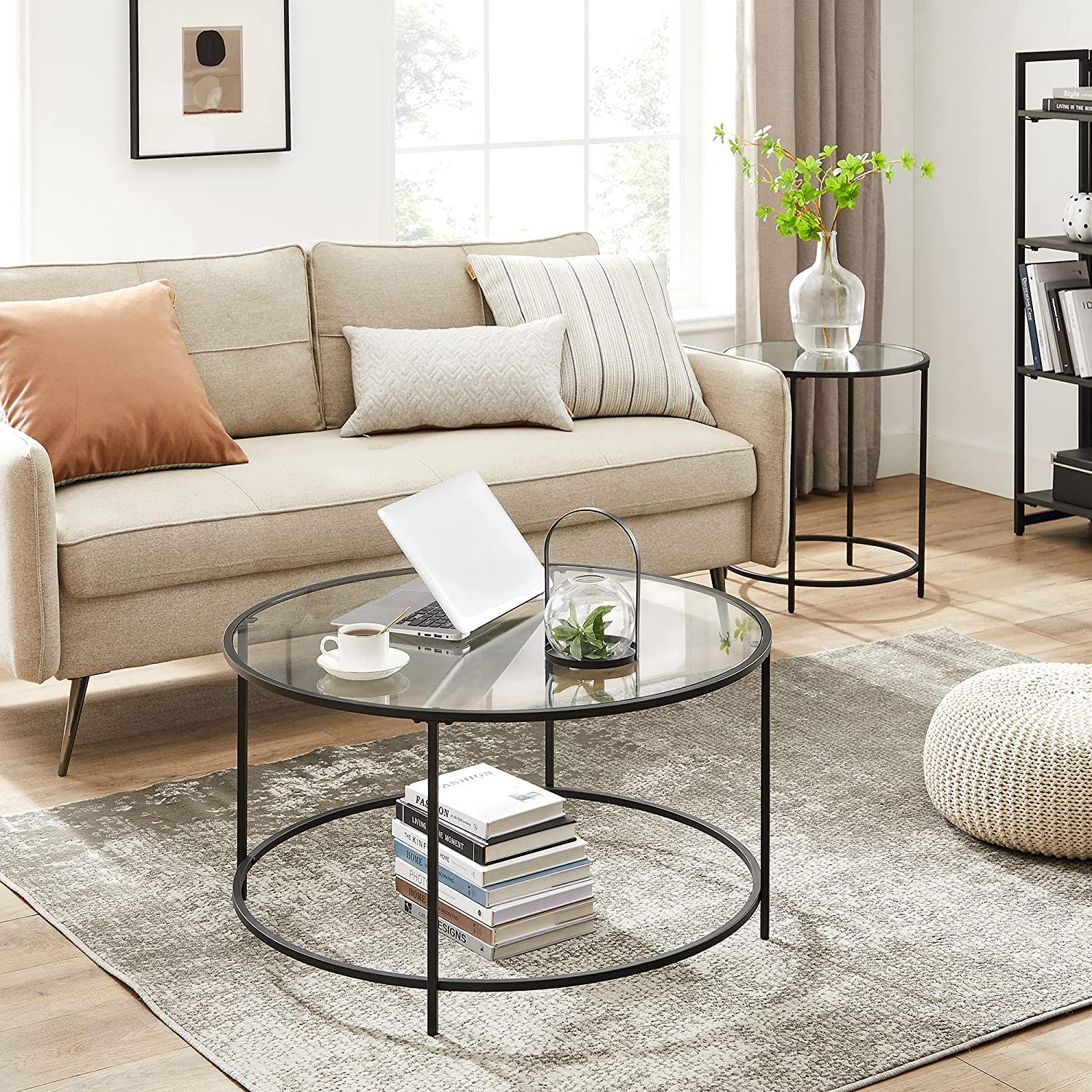 Coffee table - Round coffee table - Side table with glass top - Black