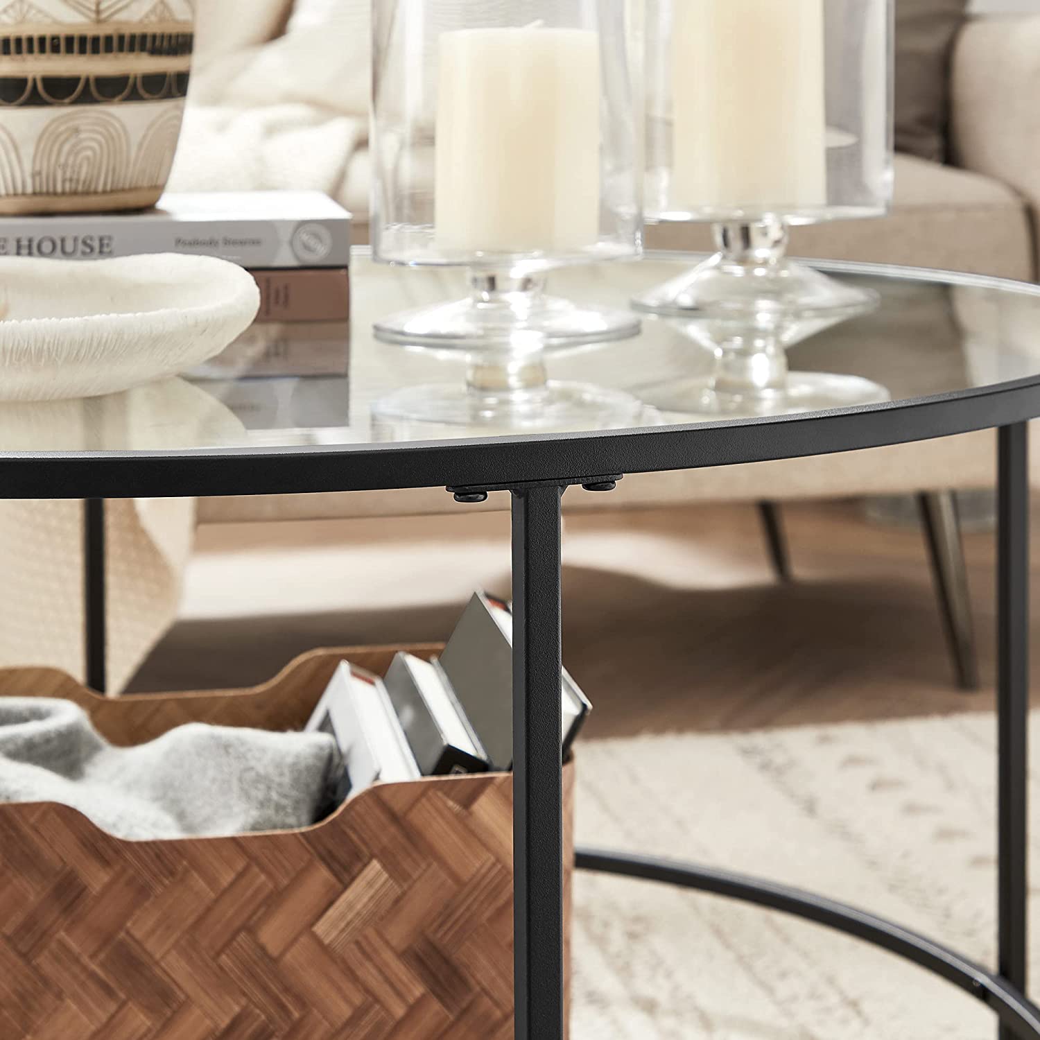 Coffee table - Round coffee table - Side table with glass top - Black