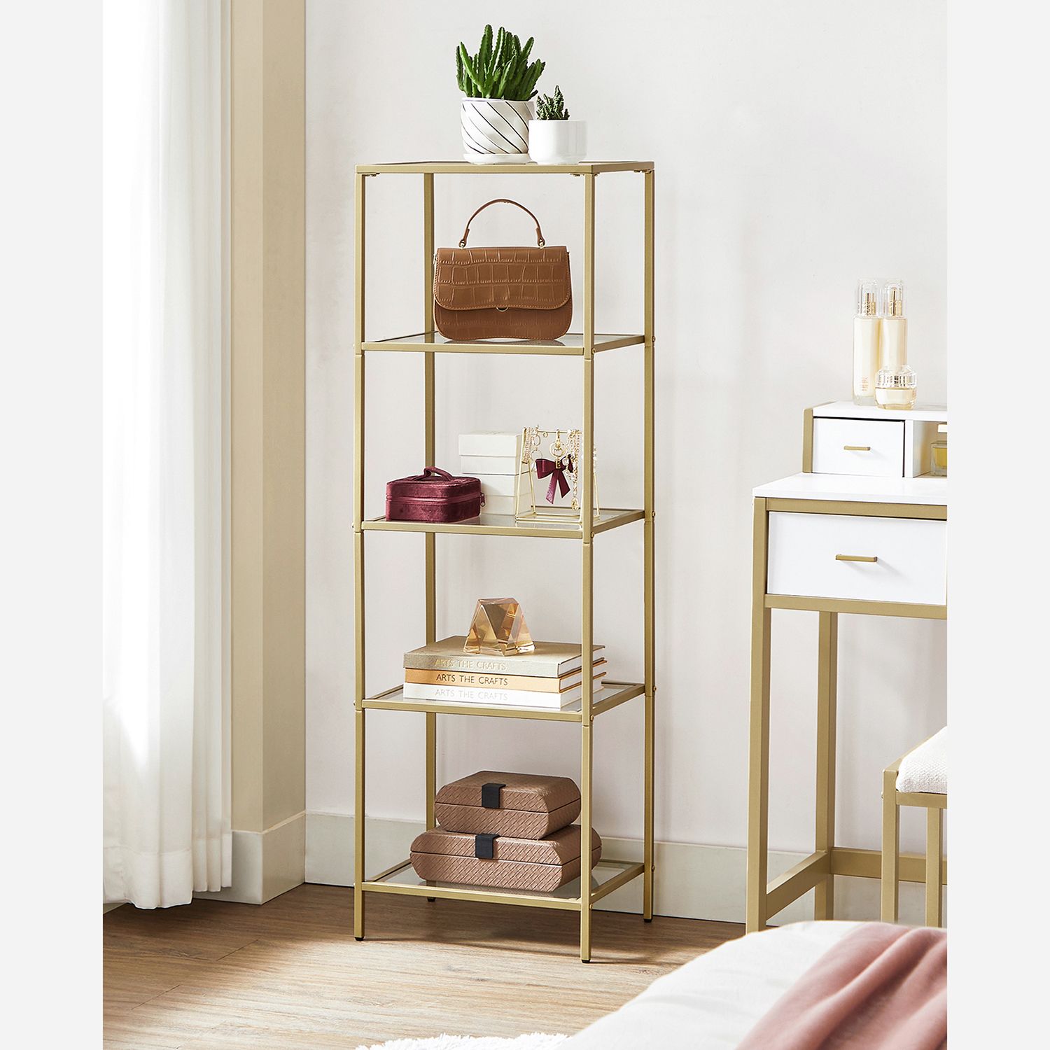 Bookcase - Standing Plank - Bathroom Cabinet - 5 Levels - Steel Frame - Gold