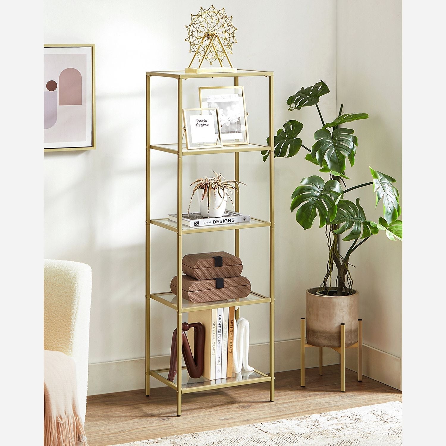 Bookcase - Standing Plank - Bathroom Cabinet - 5 Levels - Steel Frame - Gold