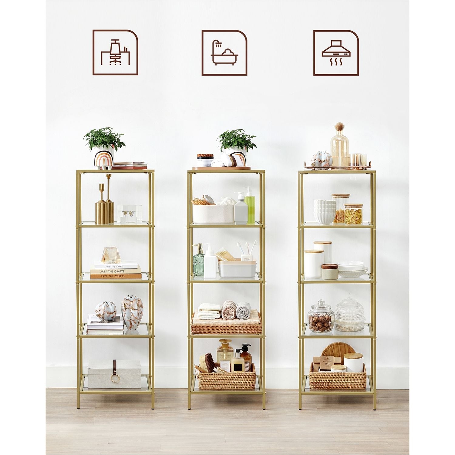 Bookcase - Standing Plank - Bathroom Cabinet - 5 Levels - Steel Frame - Gold