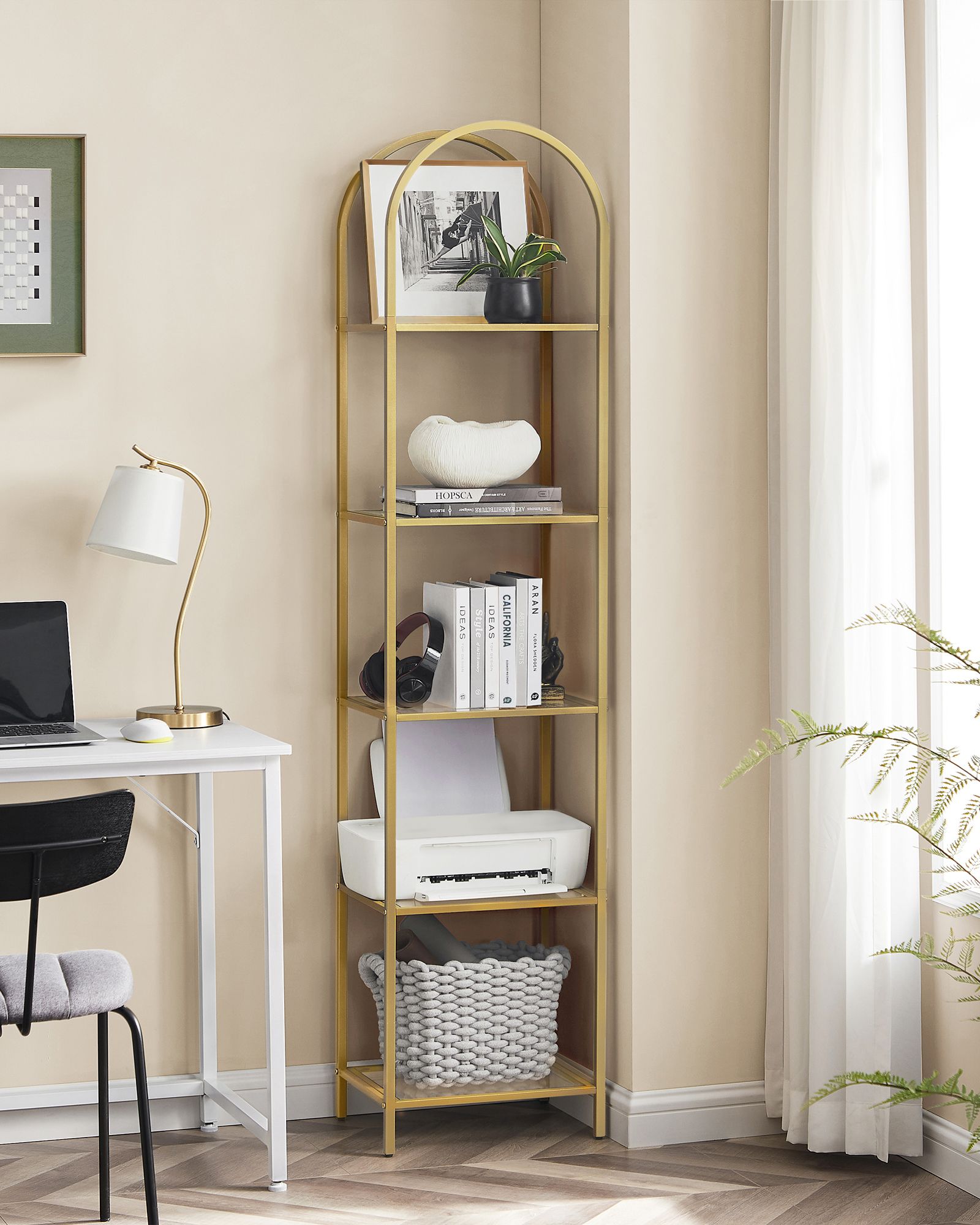 Bookcase-5 levels-Bent metal structure-Gold-colored transparent