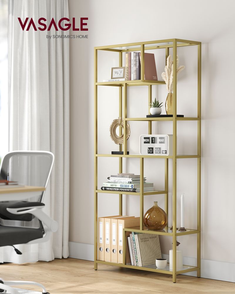 Bookcase - Storage cupboard - With 6 shelves - Metal frame - Glass levels - Gold