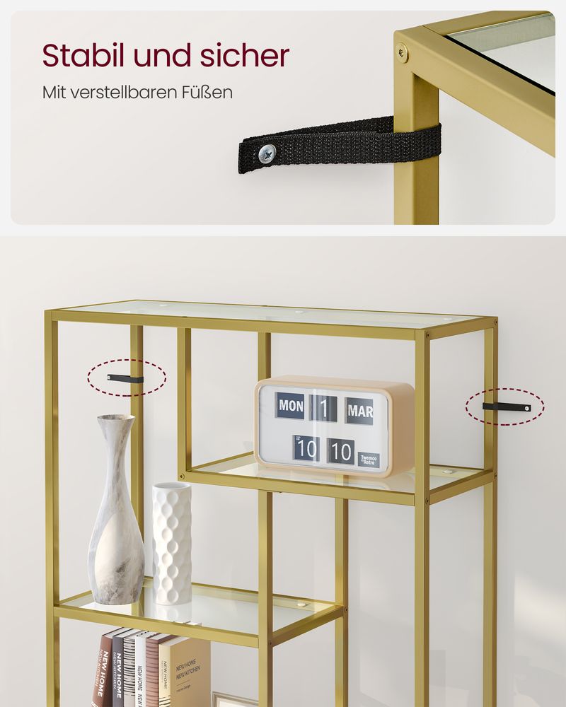 Bookcase - Storage cupboard - With 6 shelves - Metal frame - Glass levels - Gold
