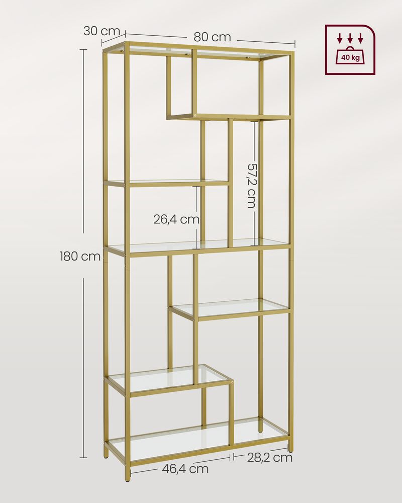 Bookcase - Storage cupboard - With 6 shelves - Metal frame - Glass levels - Gold
