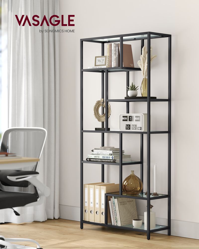 Bookcase - Storage cupboard - With 6 shelves - Metal frame - Glass levels - Black