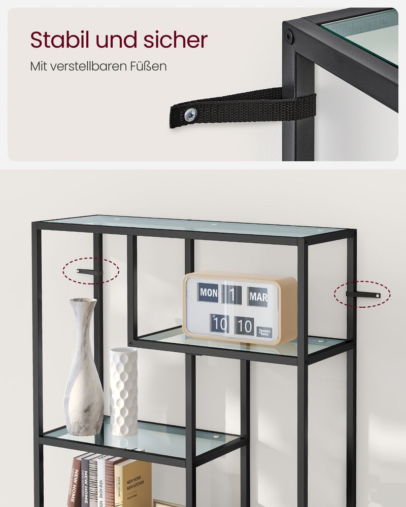 Bookcase - Storage cupboard - With 6 shelves - Metal frame - Glass levels - Black