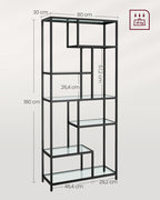 Bookcase - Storage cupboard - With 6 shelves - Metal frame - Glass levels - Black
