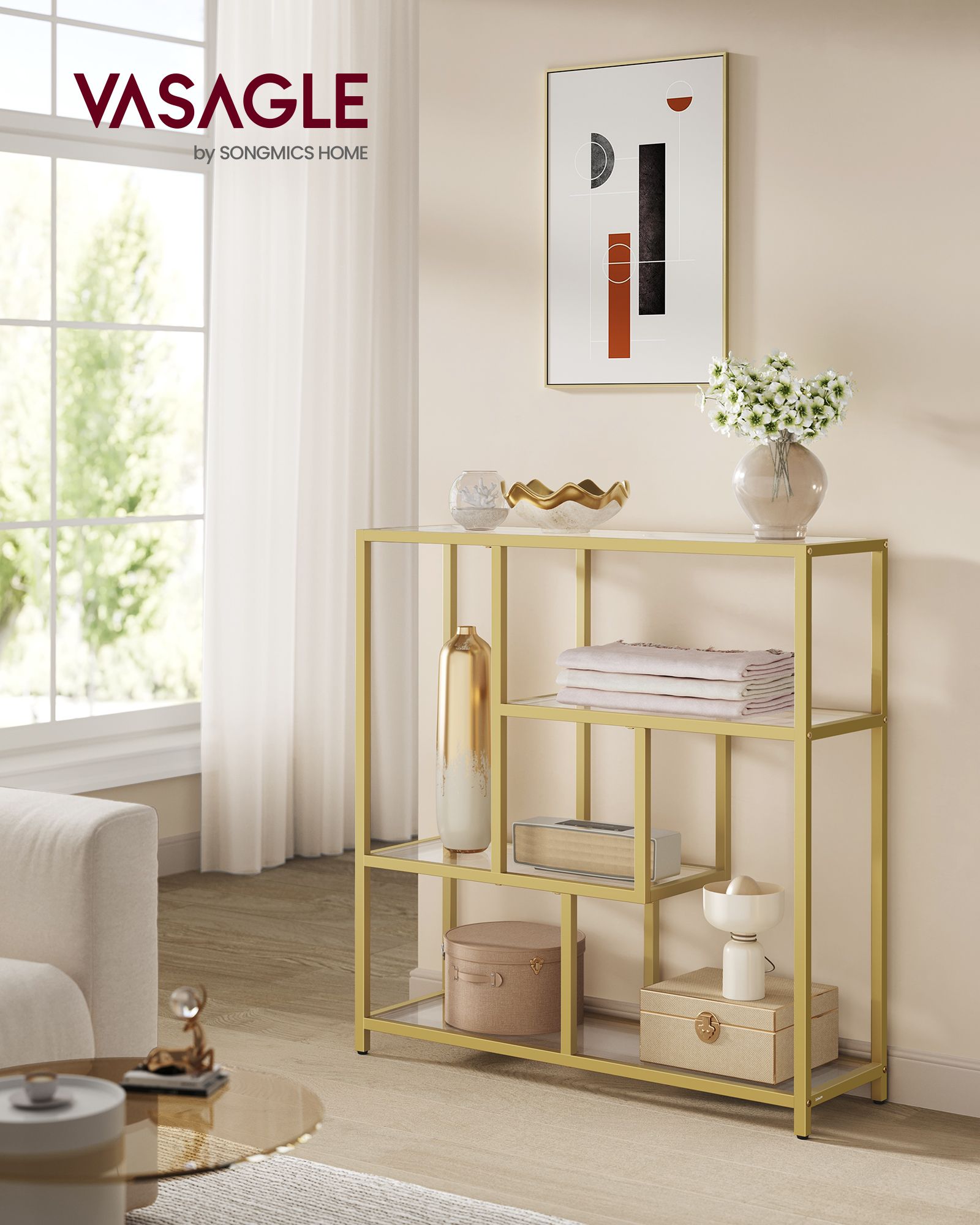 Bookcase with 4 shelves Transparent-bleek gold