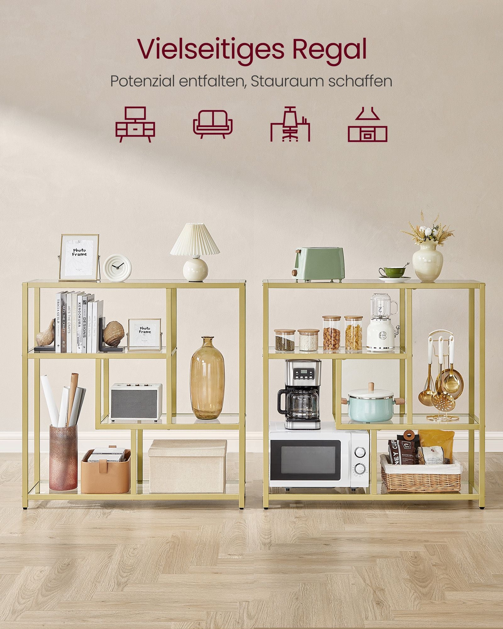 Bookcase with 4 shelves Transparent-bleek gold