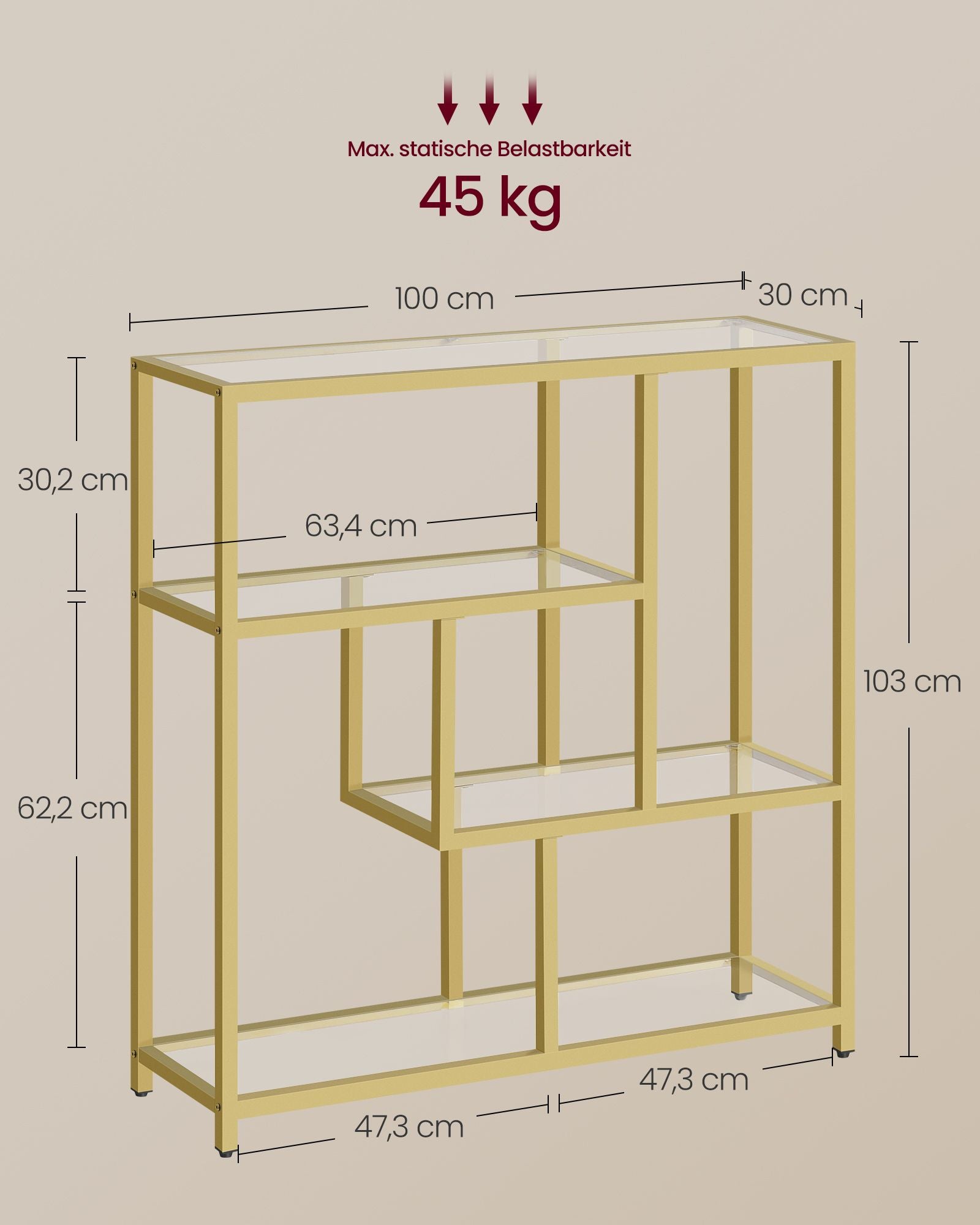 Bookcase with 4 shelves Transparent-bleek gold
