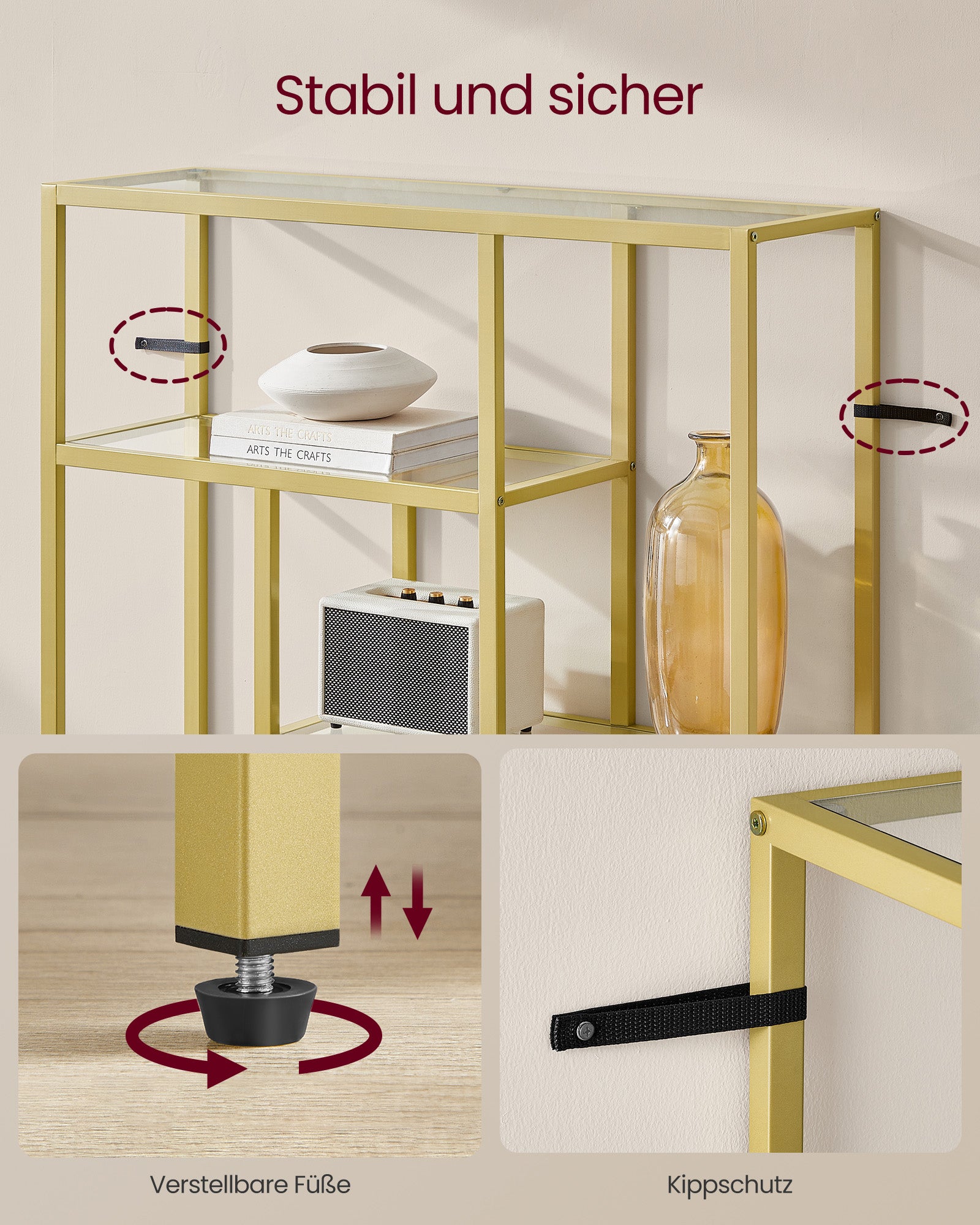 Bookcase with 4 shelves Transparent-bleek gold