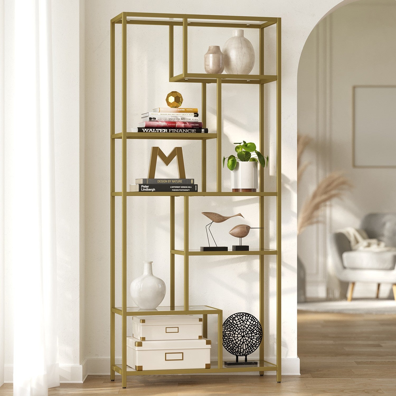 Bookcase with 6 levels, plank with shelters made of tempered glass, standing plank