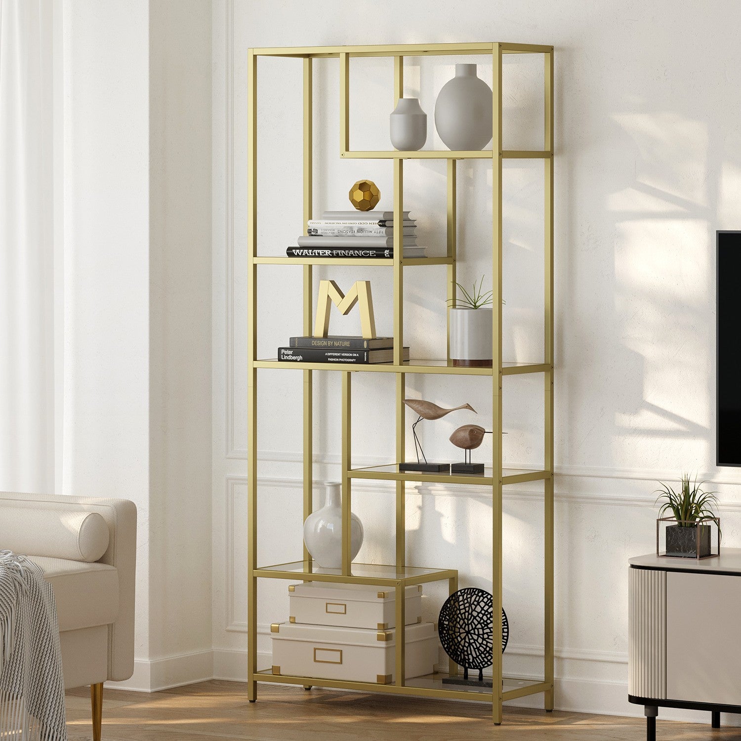 Bookcase with 6 levels, plank with shelters made of tempered glass, standing plank