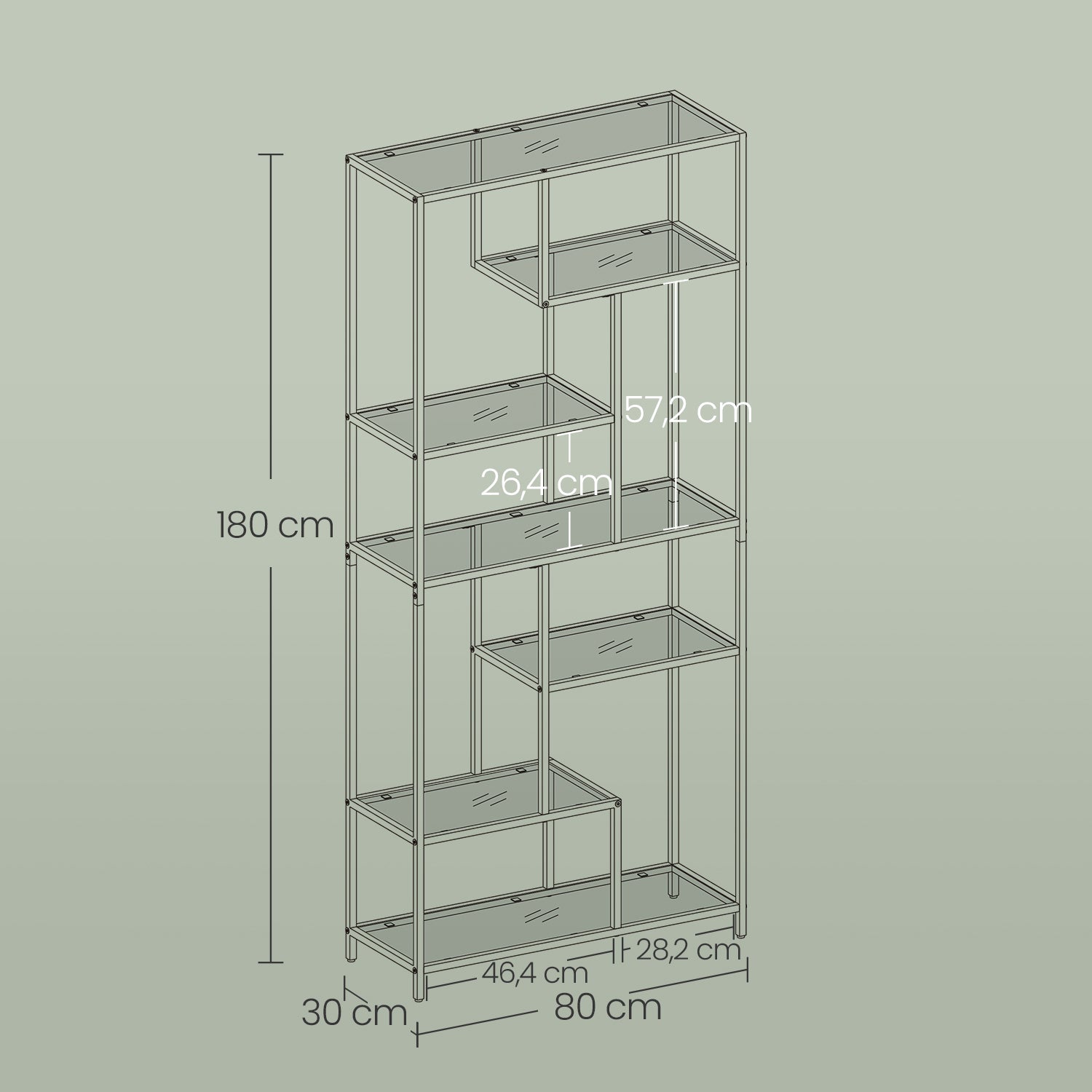 Bookcase with 6 levels, plank with shelters made of tempered glass, standing plank