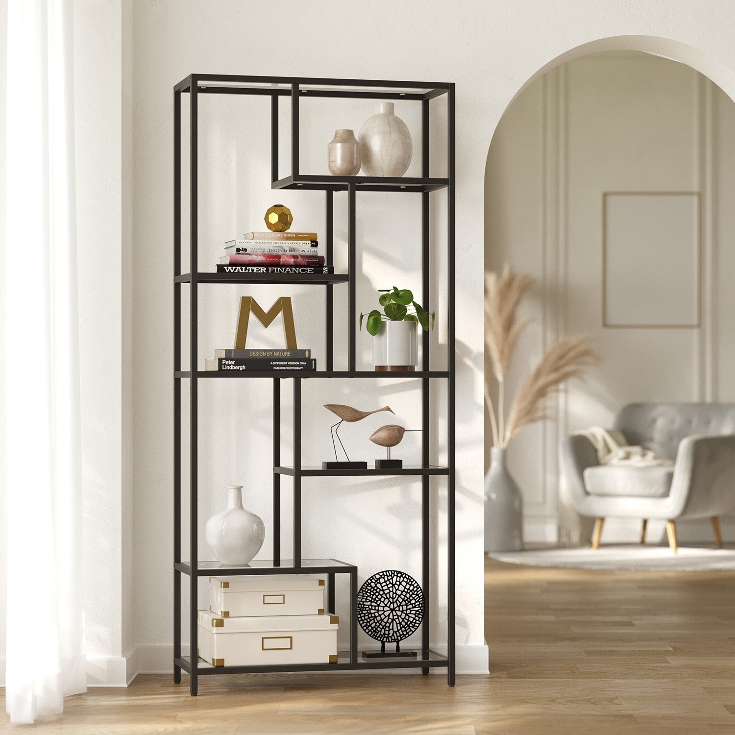 Bookcase with 6 levels, plank with shelters made of tempered glass, standing plank