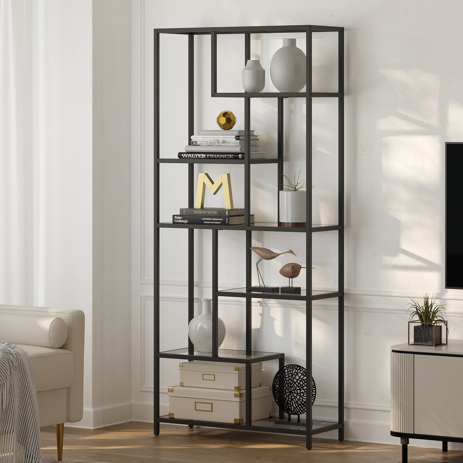 Bookcase with 6 levels, plank with shelters made of tempered glass, standing plank