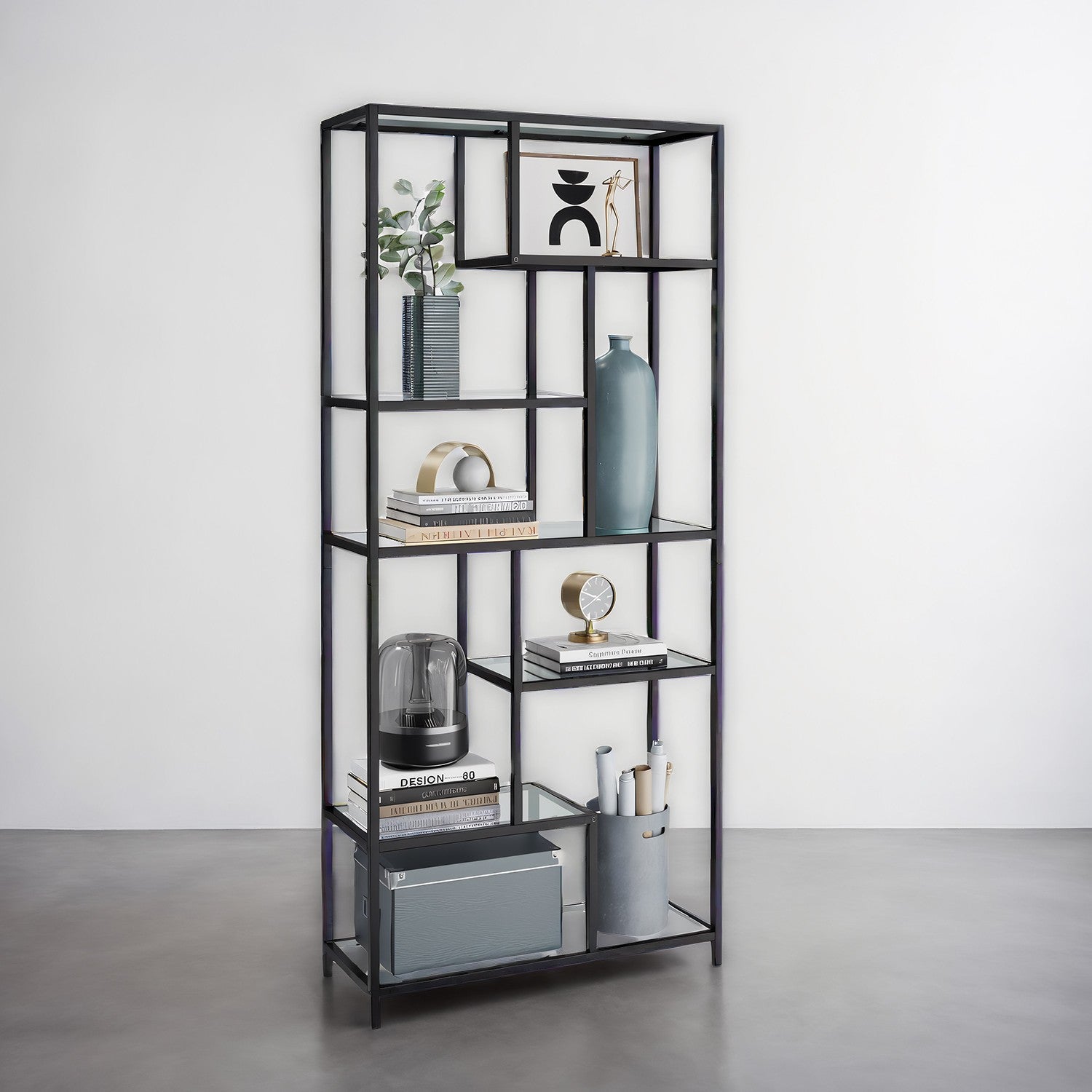 Bookcase with 6 levels, plank with shelters made of tempered glass, standing plank