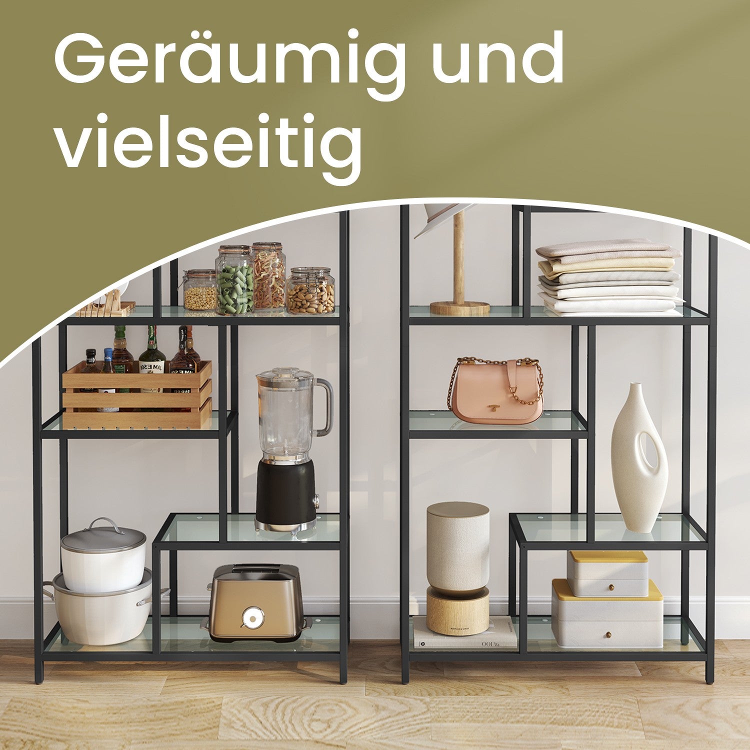 Bookcase with 6 levels, plank with shelters made of tempered glass, standing plank