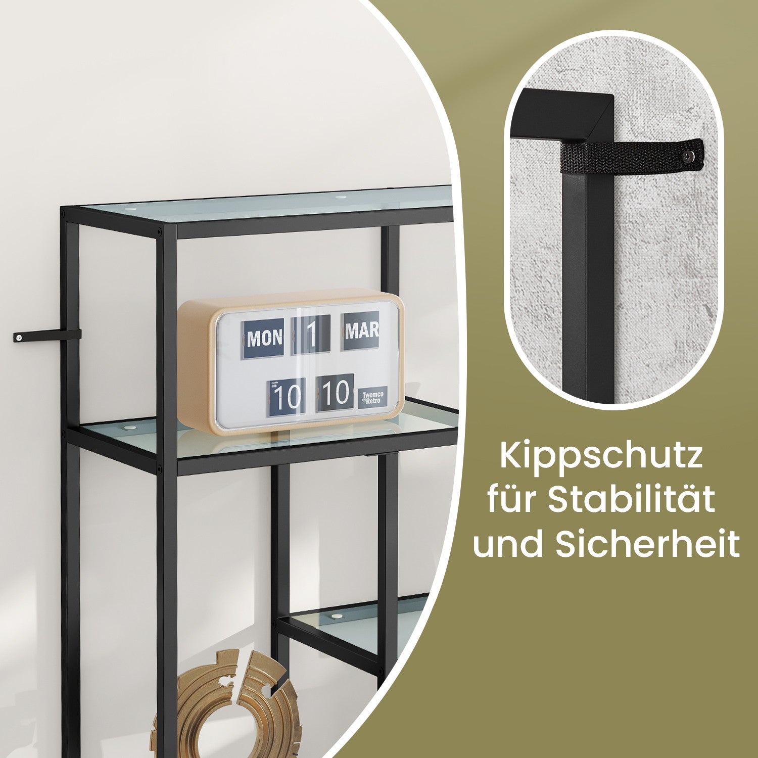Bookcase with 6 levels, plank with shelters made of tempered glass, standing plank