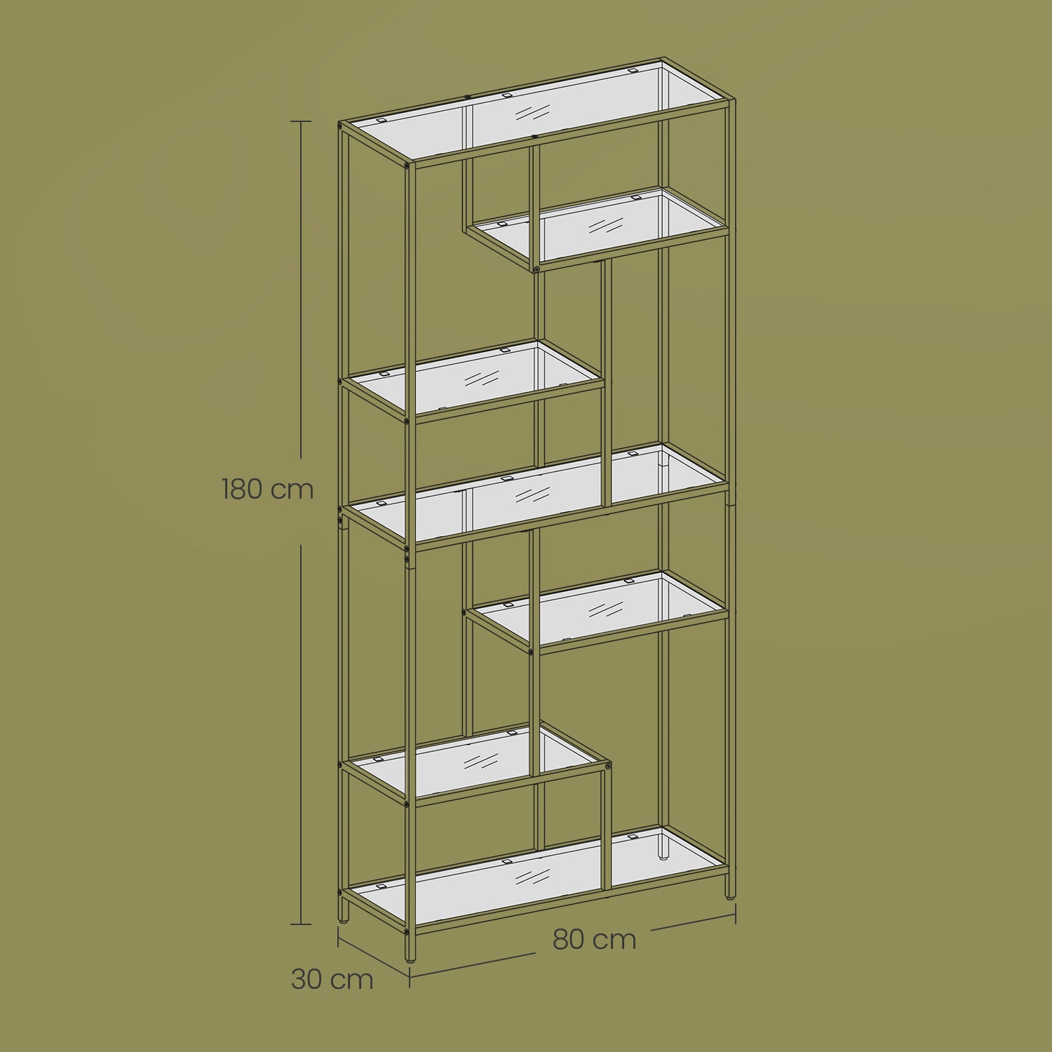 Bookcase with 6 levels, plank with shelters made of tempered glass, standing plank