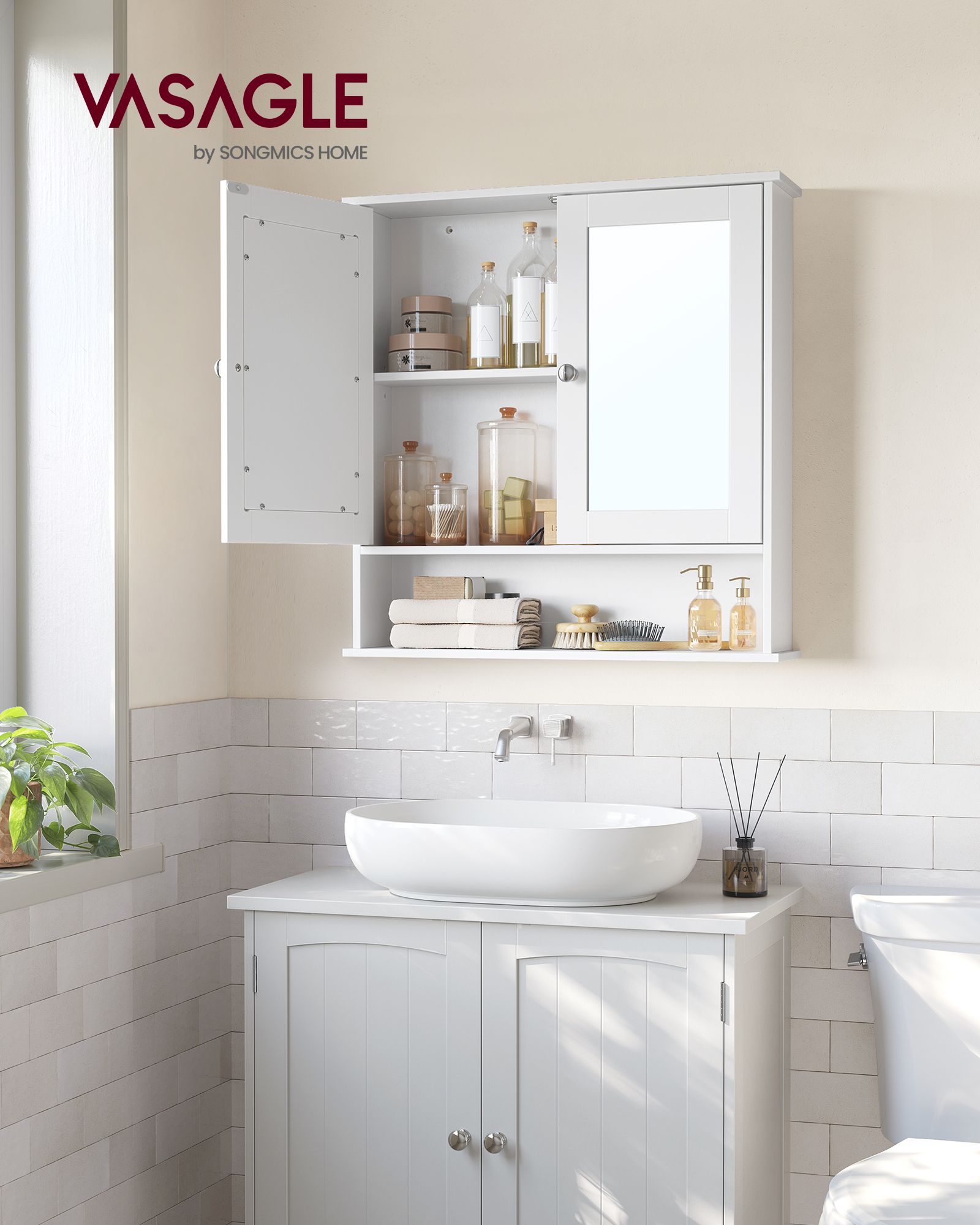 Mirror cabinet - With open compartment - Wall mounting - White