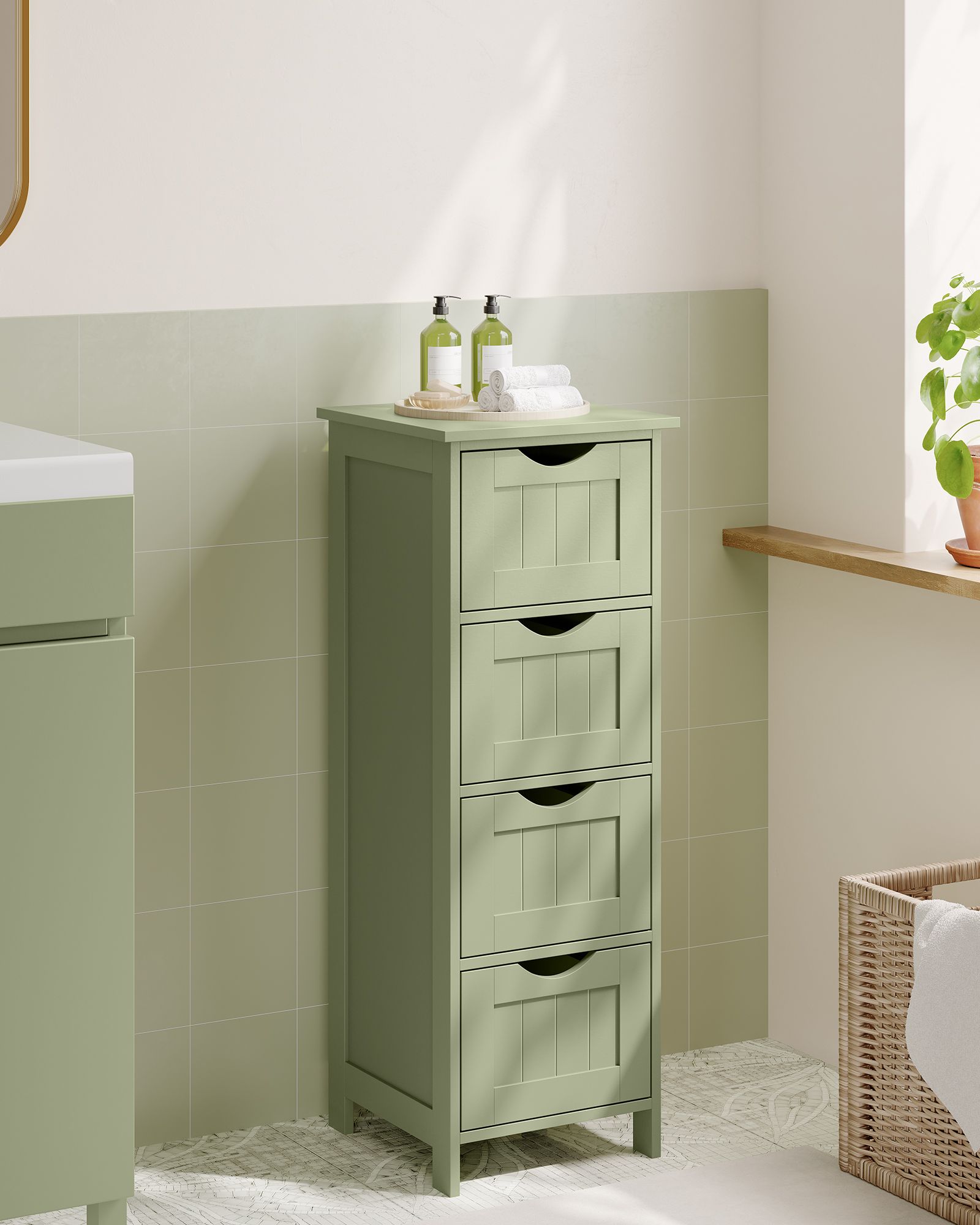 Bathroom cabinet - 4 drawers - 30 × 30 × 82 cm - Laurel green