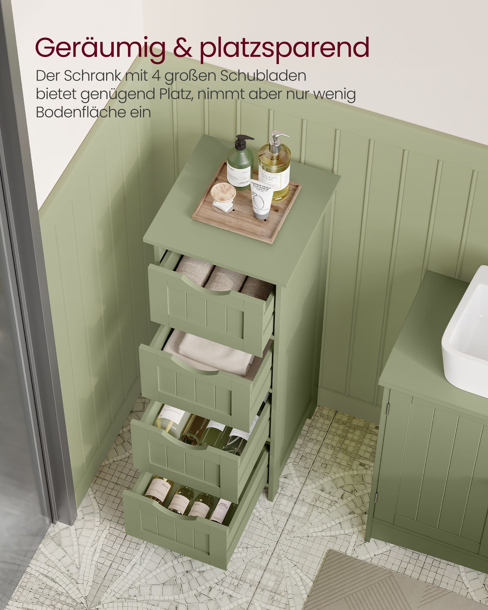 Bathroom cabinet - 4 drawers - 30 × 30 × 82 cm - Laurel green