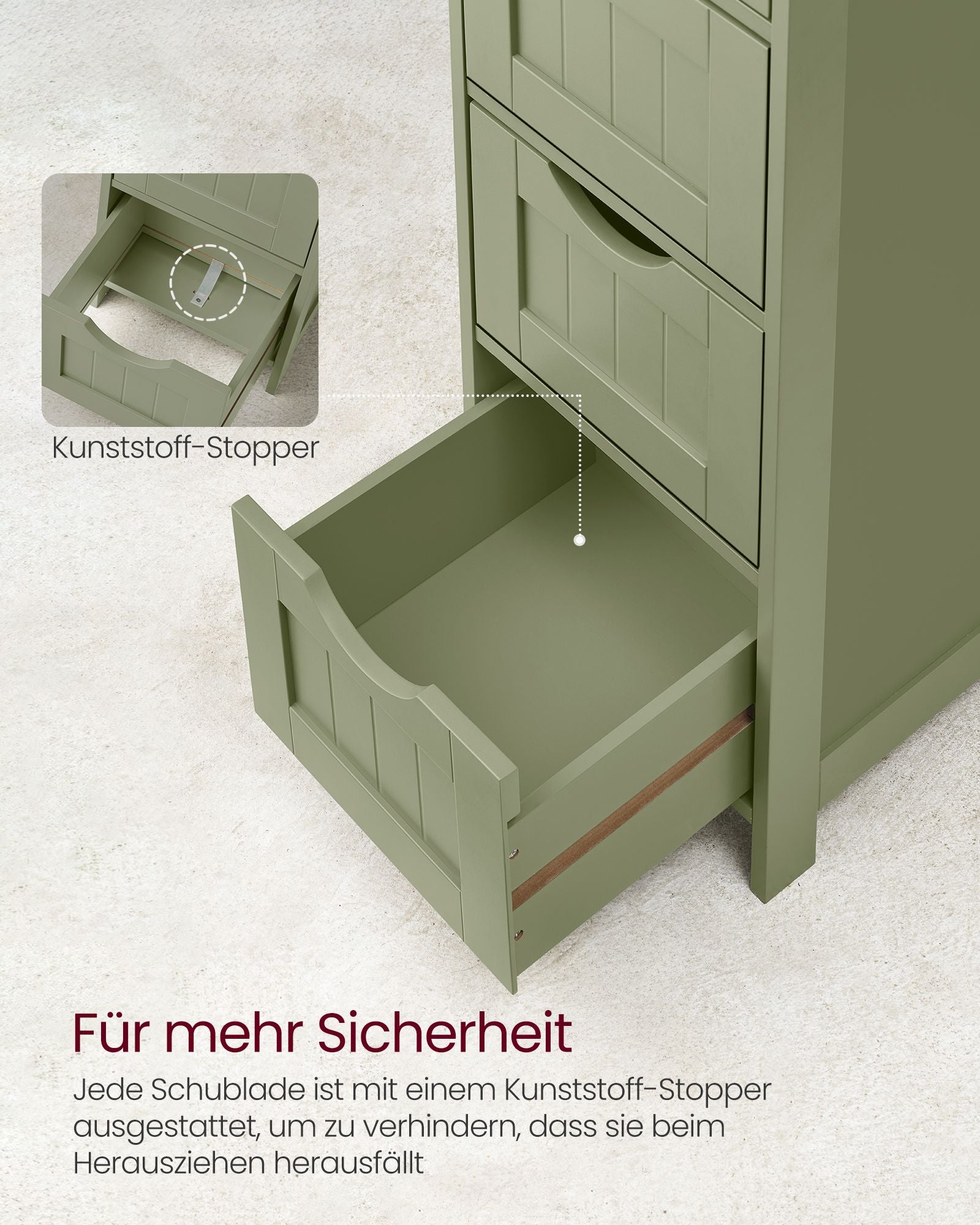 Bathroom cabinet - 4 drawers - 30 × 30 × 82 cm - Laurel green