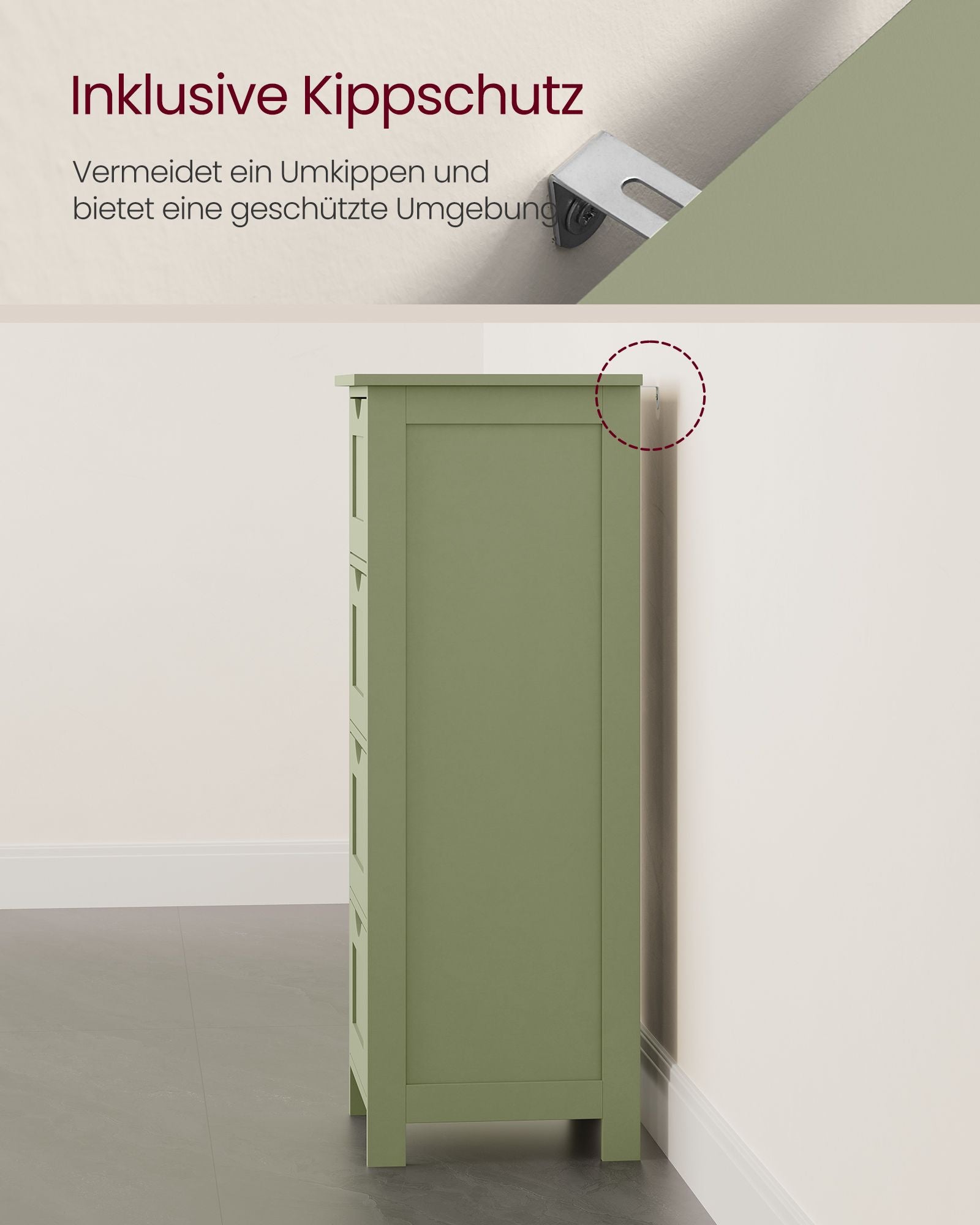 Bathroom cabinet - 4 drawers - 30 × 30 × 82 cm - Laurel green