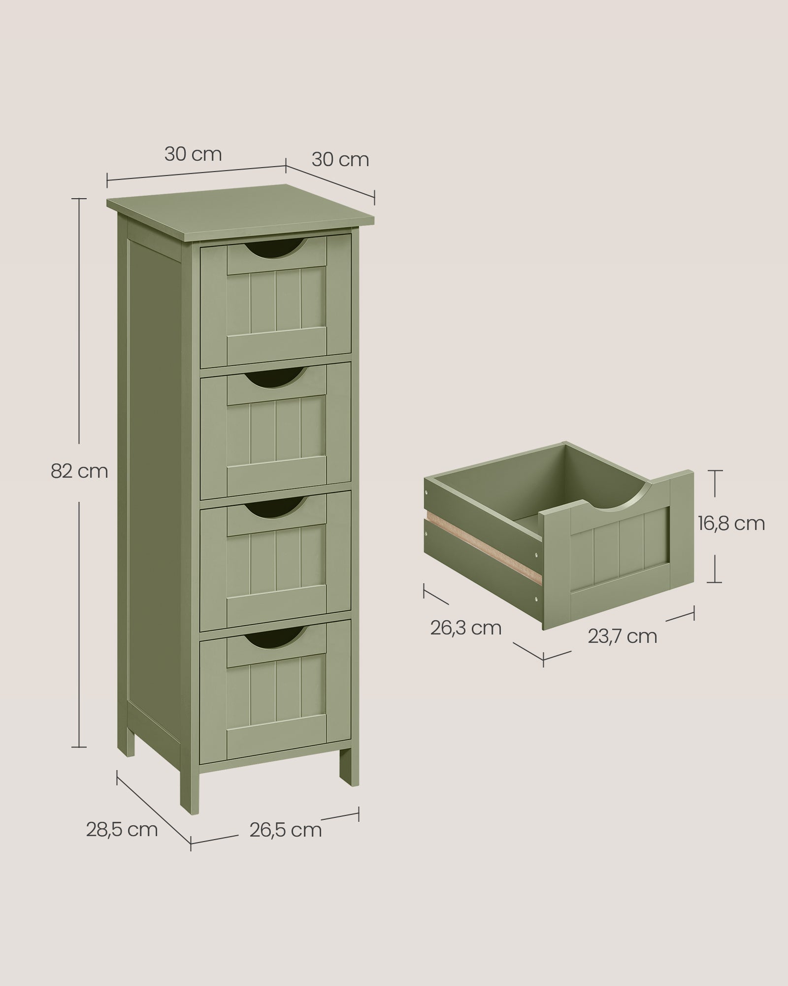 Bathroom cabinet - 4 drawers - 30 × 30 × 82 cm - Laurel green