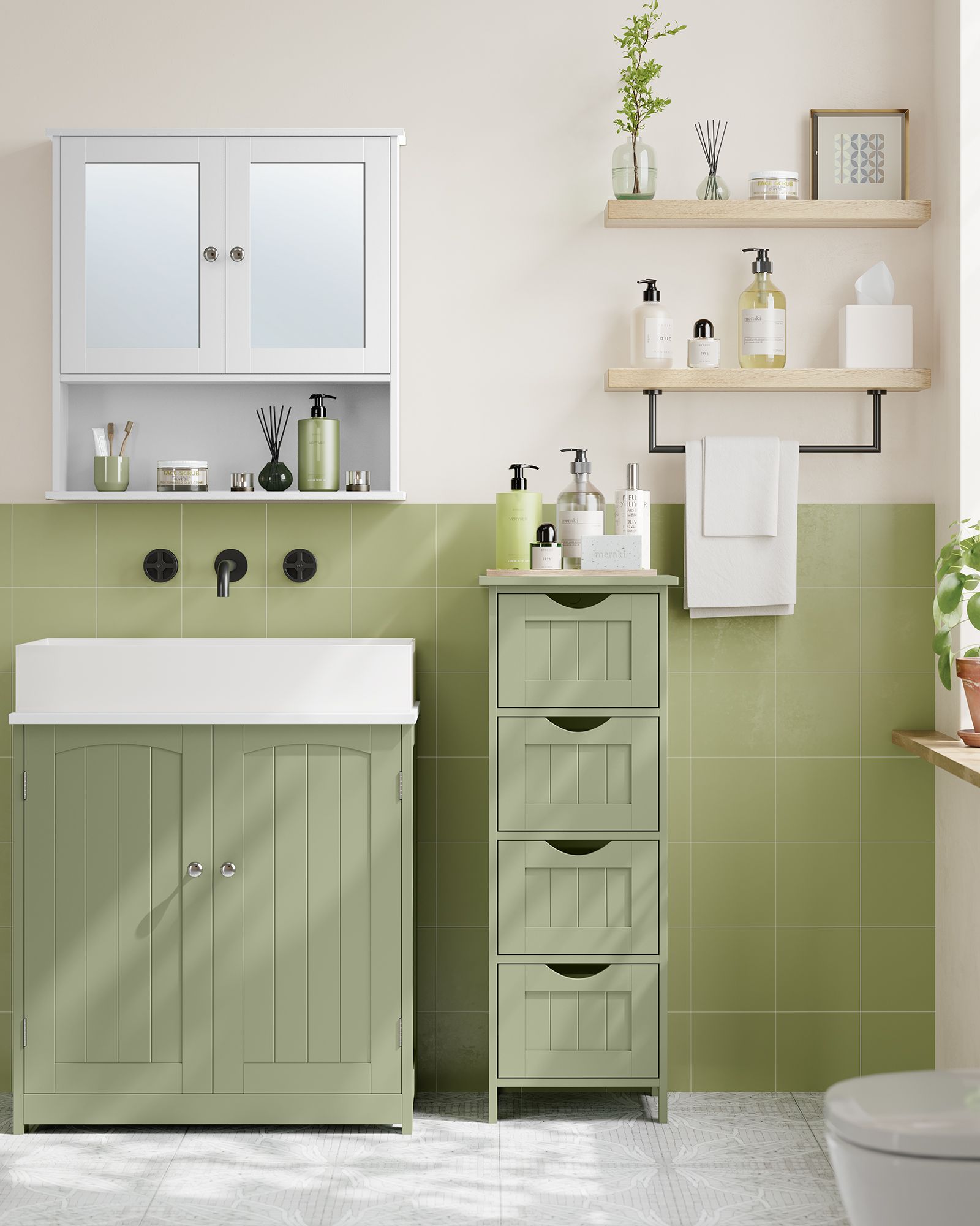 Bathroom cabinet - 4 drawers - 30 × 30 × 82 cm - Laurel green