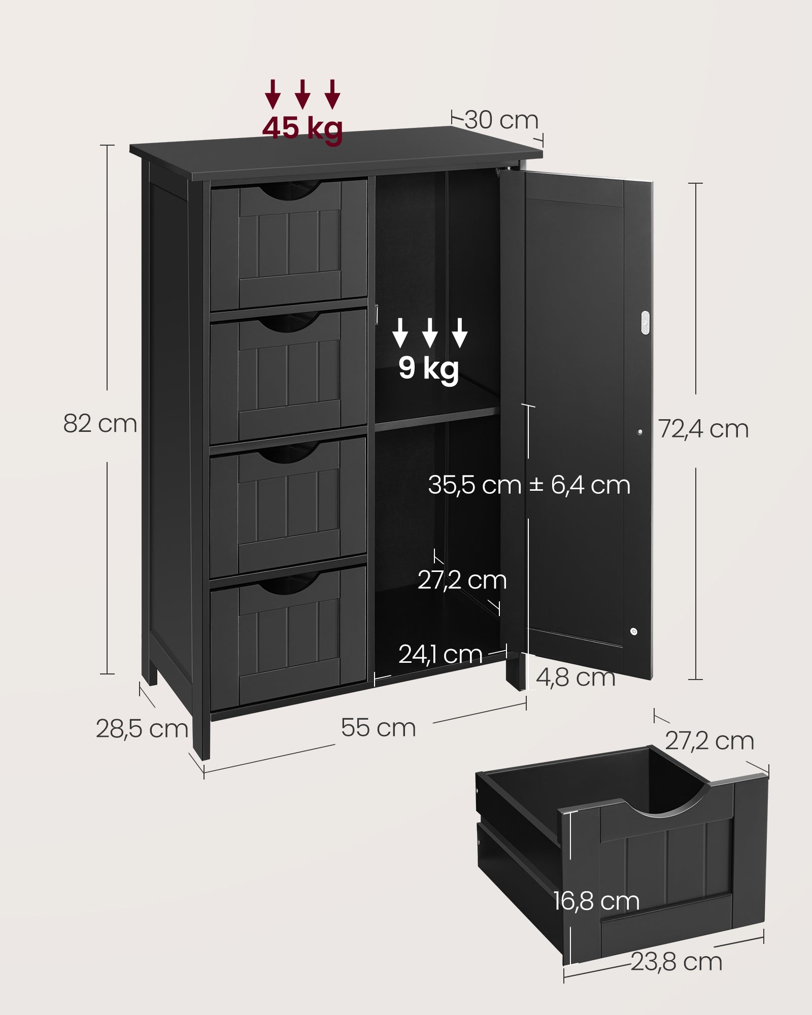 Bathroom furniture - 4 drawers - 30 × 55 × 82 cm - ink black