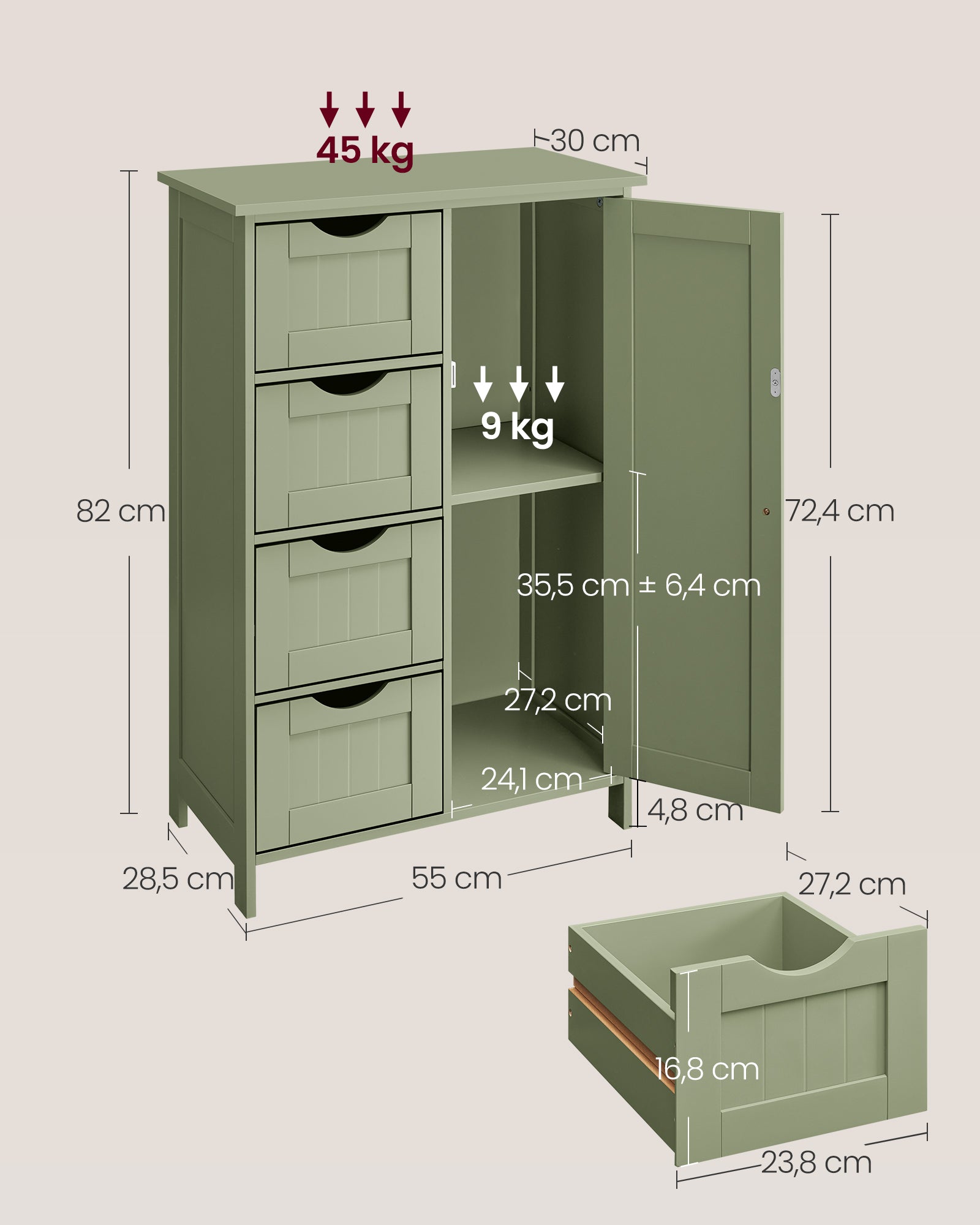Bathroom cabinet - 4 drawers - 30 × 55 × 82 cm - forest green